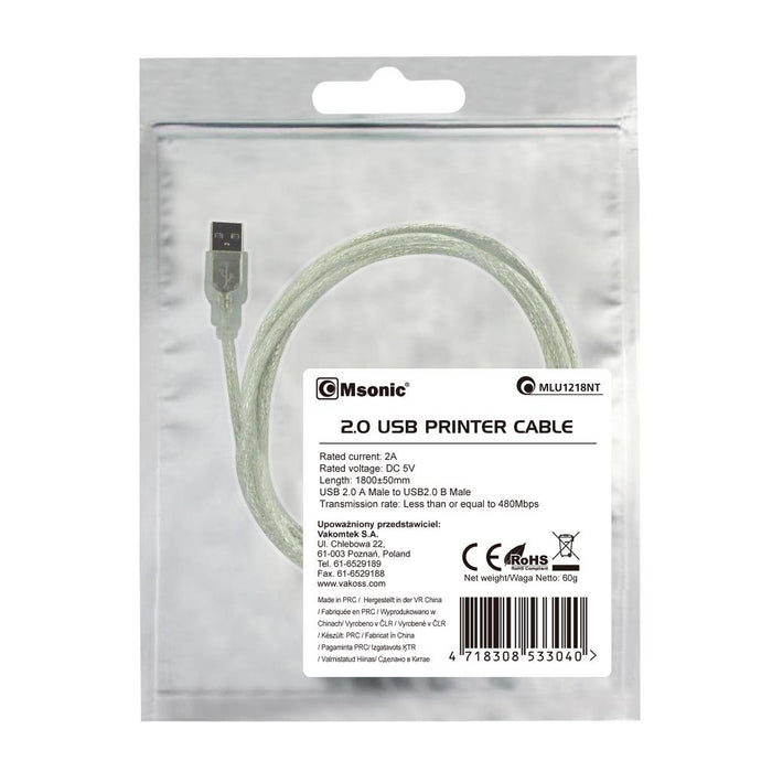 MSONIC Spausdintuvo kabelis USB 2.0 A-B M/M 1,8m MLU1218NT bespalvis