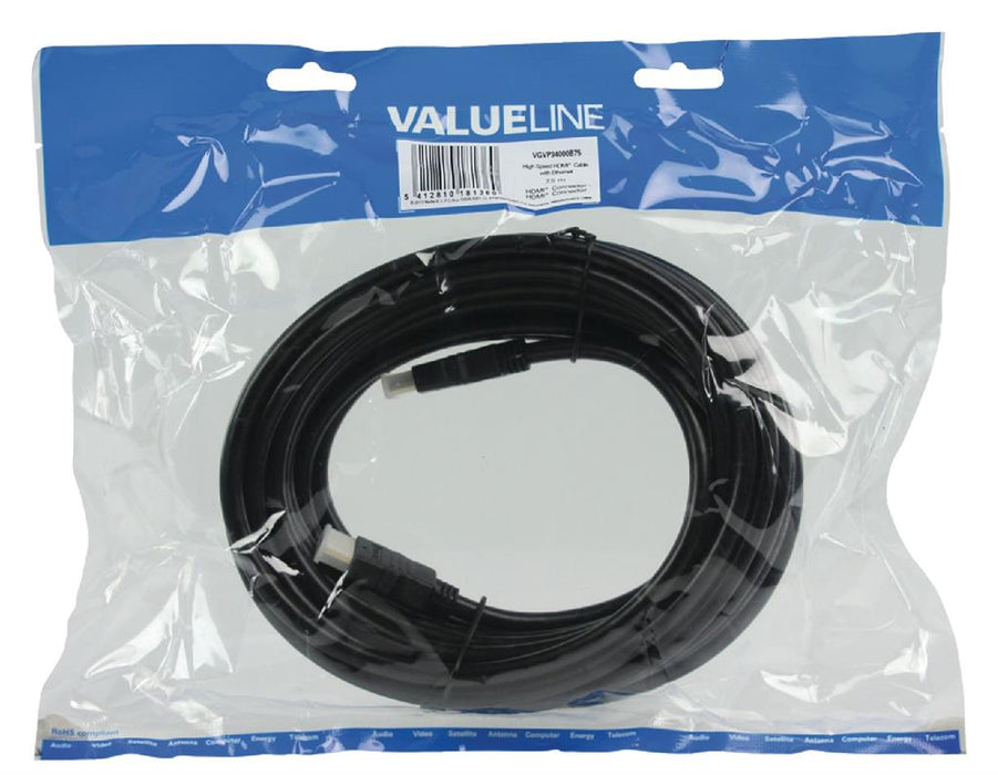 Kabelis HDMI Valueline High Speed Ethernet, HDMI - HDMI 7,50 m juodas