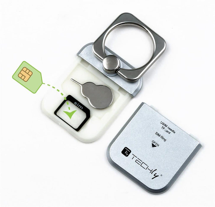 Techly universalus telefonų laikiklis ir stovas Ring su dėtuve kortelėms, sidabr