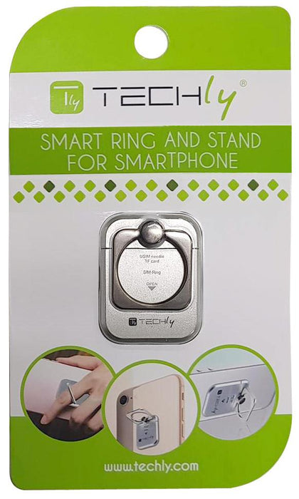 Techly universalus telefonų laikiklis ir stovas Ring su dėtuve kortelėms, sidabr