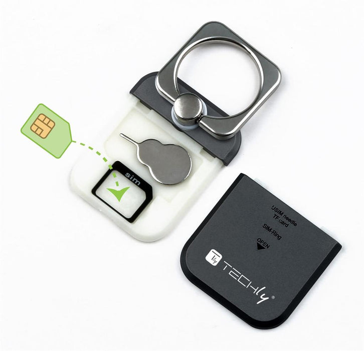 Techly universalus telefonų laikiklis ir stovas Ring su dėtuve kortelėms, juodas