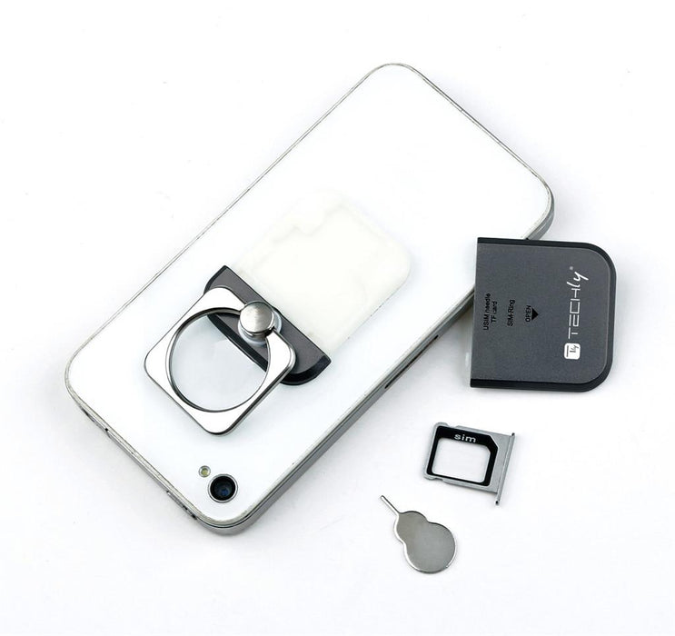 Techly universalus telefonų laikiklis ir stovas Ring su dėtuve kortelėms, juodas