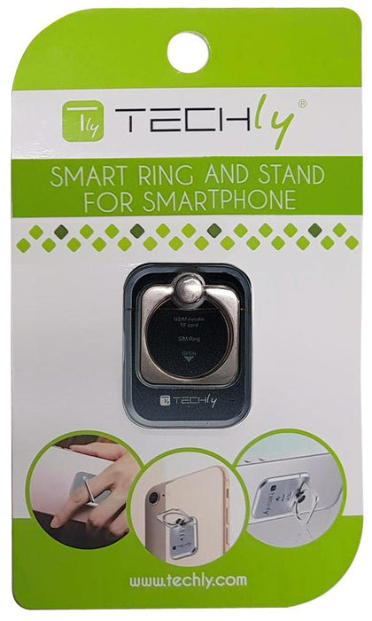 Techly universalus telefonų laikiklis ir stovas Ring su dėtuve kortelėms, juodas
