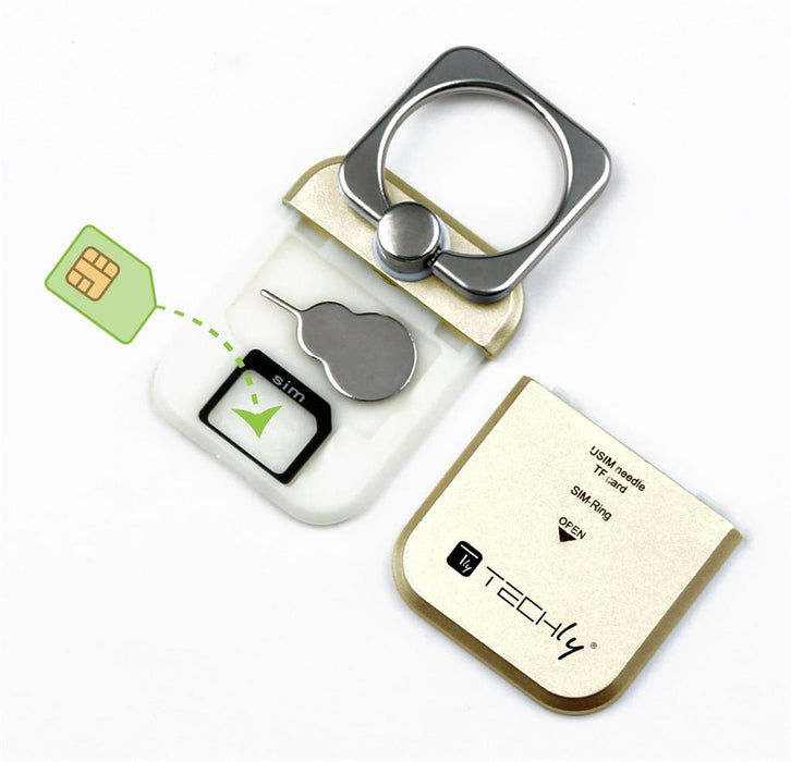 Techly universalus telefonų laikiklis ir stovas Ring su dėtuve kortelėms, auksin