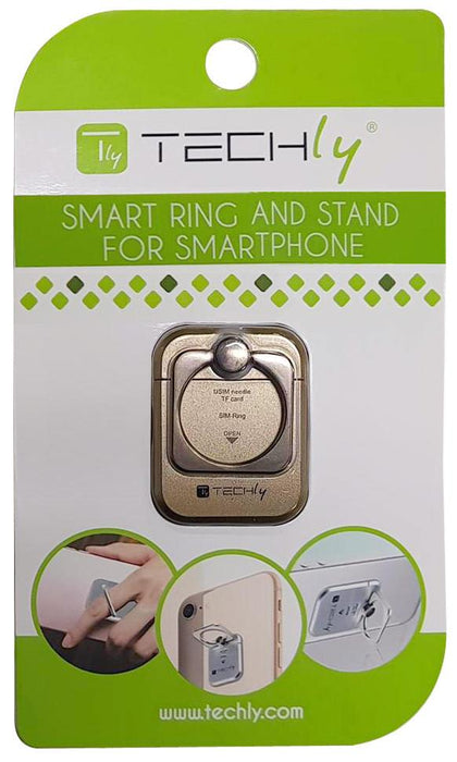 Techly universalus telefonų laikiklis ir stovas Ring su dėtuve kortelėms, auksin