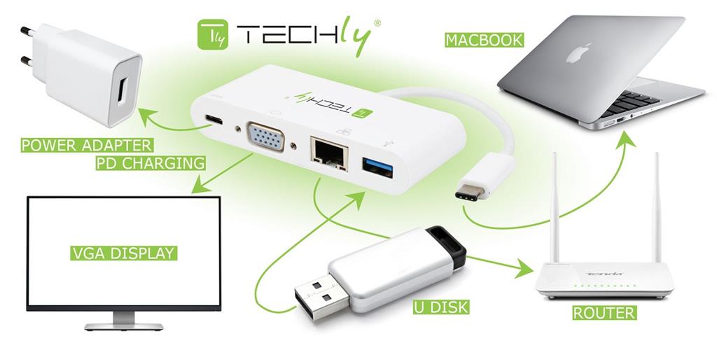 Techly USB-C 3.1 multi adapteris -> VGA / Gigabit RJ45 / USB-A / USB-C PD baltas