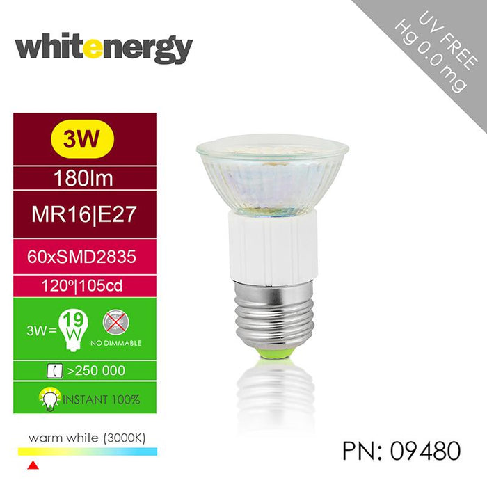 LED lemputė Whitenergy | E27 | 60 SMD 3528| 3W | 230V| šilta balta| reflektorius