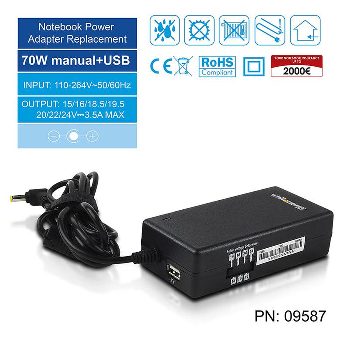 Whitenergy univer. tink. neš. komp. mait. šaltinis 15-24V, 70W, USB
