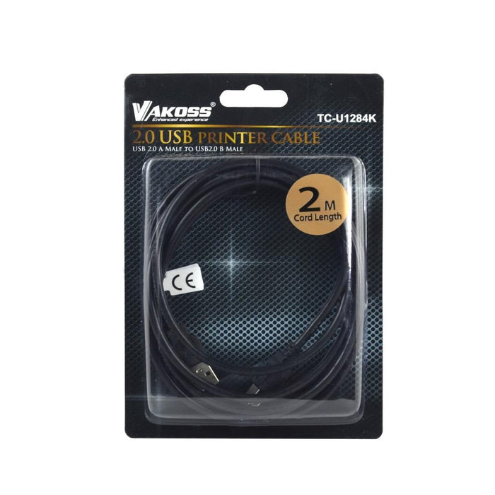 Vakoss Spausdintuvo kabelis USB 2.0 A-B M/M  2m,  juoda, lizdinė plokštelė