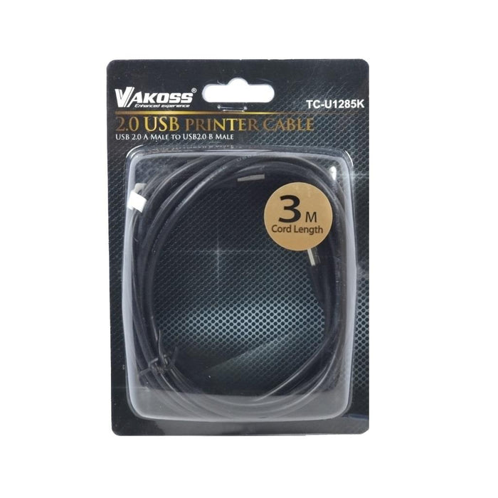Vakoss Spausdintuvo kabelis USB 2.0 A-B M/M  3m,  juoda, lizdinė plokštelė