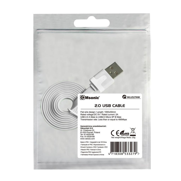 MSONIC microUSB 2.0 kabelis A-B M/M 1m, Duomenų perdavimo ir įkrovimo, baltas