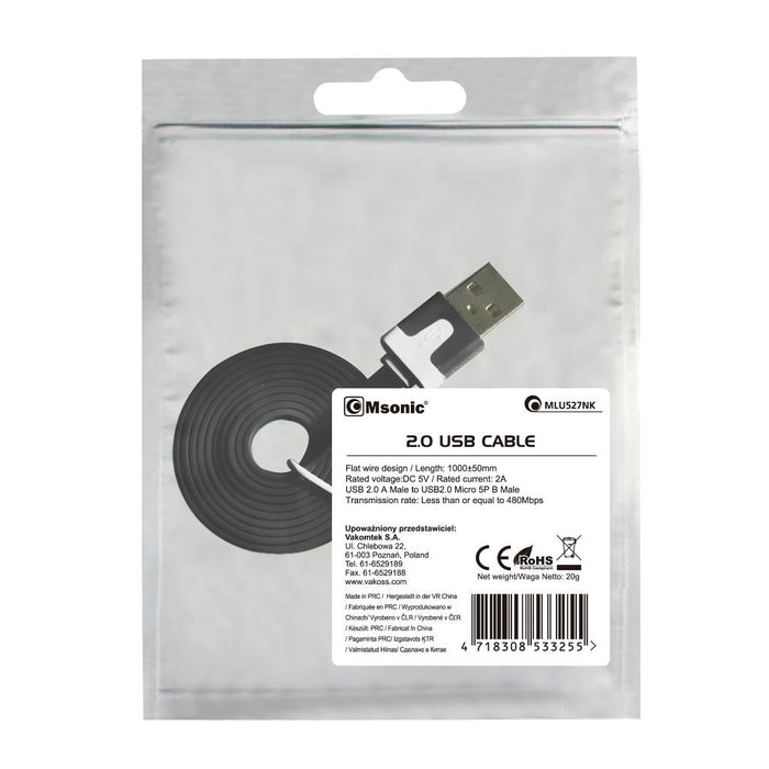 MSONIC microUSB 2.0 kabelis A-B M/M 1m, Duomenų perdavimo ir įkrovimo, juodas
