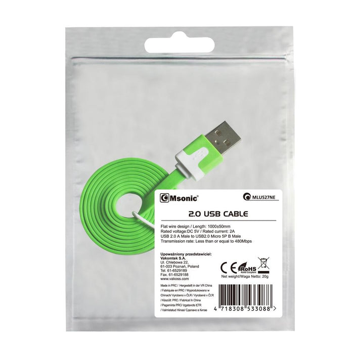 MSONIC microUSB 2.0 kabelis A-B M/M 1m, Duomenų perdavimo ir įkrovimo, žalias