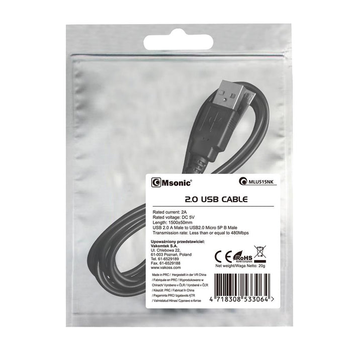 MSONIC microUSB 2.0 kabelis A-B M/M 1,5m, Duomenų perdavimo ir įkrovimo, juodas