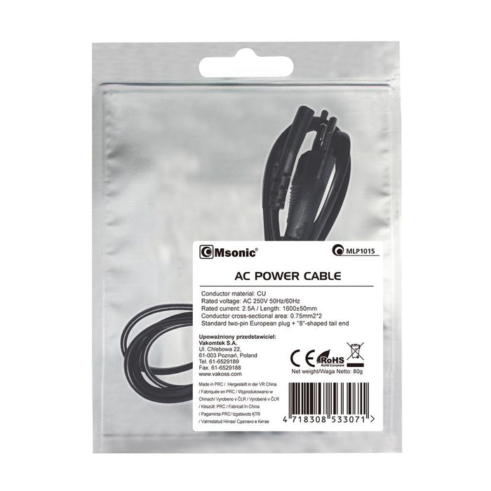 MSONIC Maitinimo kabelis laptop/radija C8 (2 pin), 1,6m, MLP1015 juodas