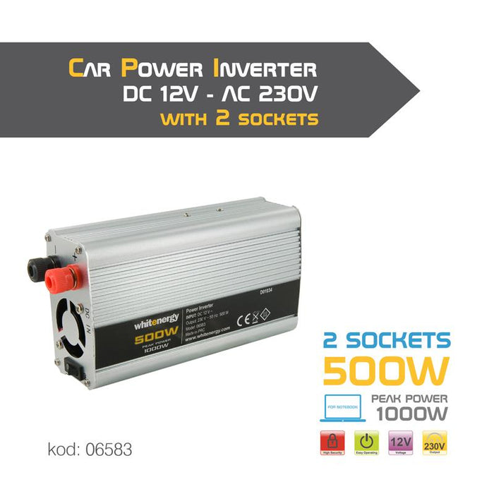 Whitenergy Inverteris AC/DC 12V (automobilis) 230V, 500W , 2 lizdai