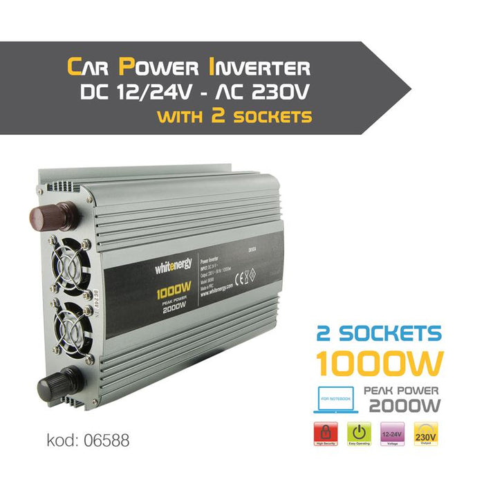 Whitenergy Inverteris AC/DC 24V automobilis) 230V, 1000W, 2 lizdai