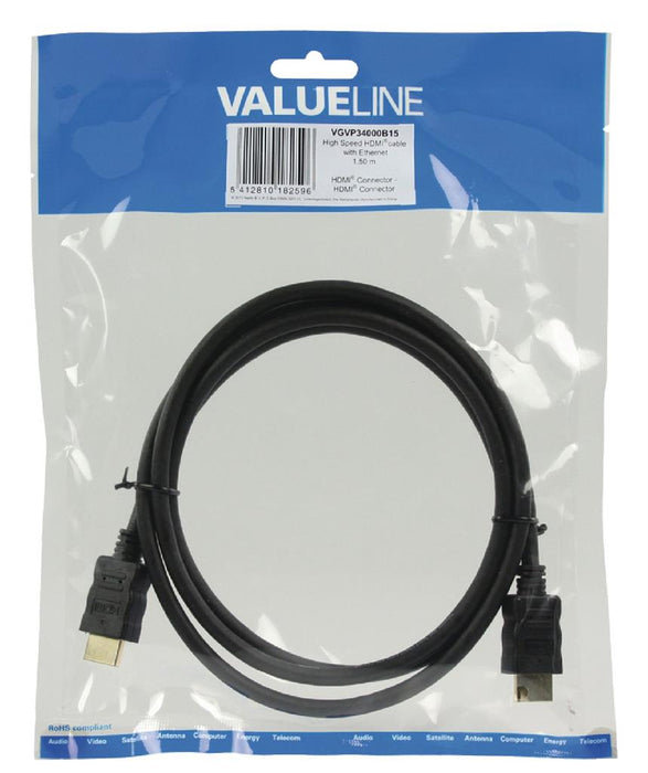 Kabelis HDMI Valueline High Speed Ethernet, HDMI - HDMI 1,50 m, juodas