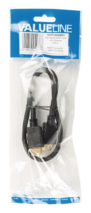 Kabelis HDMI Valueline High Speed Ethernet, HDMI - HDMI 0,50 m juodas