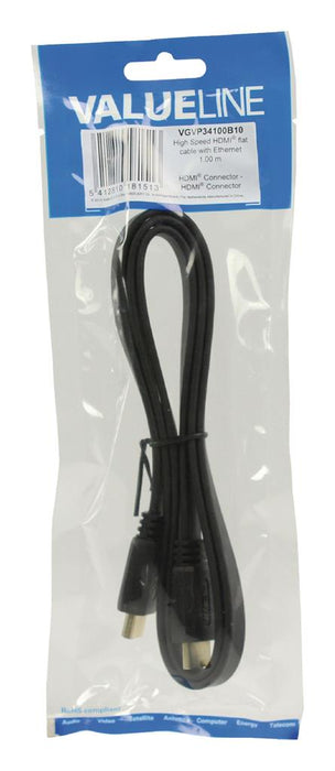 Plokščias kabelis Valueline HDMI High Speed, Ethernet HDMI - HDMI 1,00 m juodas