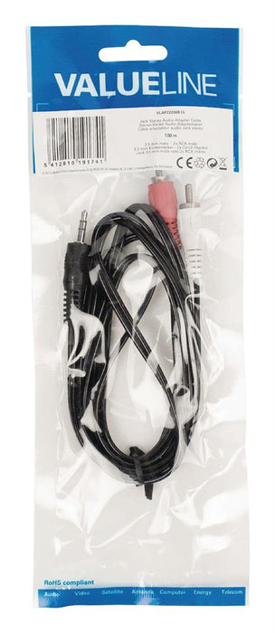 Adapteris Valueline audio stereo jack 3,5 mm male - 2x RCA male 1,50 m juodas