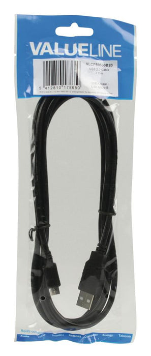 Kabelis Valueline USB 2.0 USB A male - USB Micro B male 2,00 m