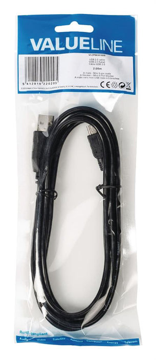 Kabelis Valueline USB 2.0 A male - Mini 5-pin male 2.00 m juodas