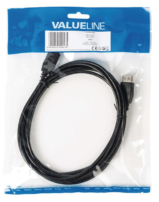 Kabelis Valueline USB 2.0 A male - female 3,00 m juodas
