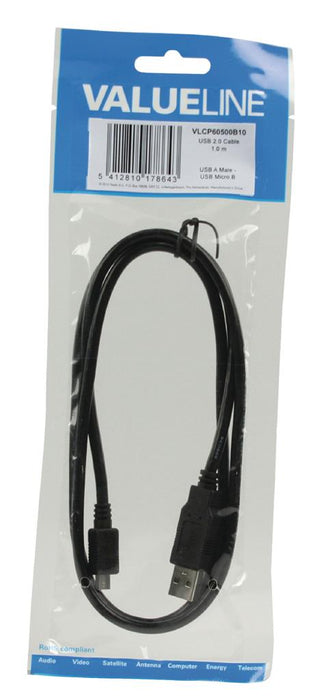 Kabelis Valueline USB 2.0 USB A male - USB Micro B male 1,00 m