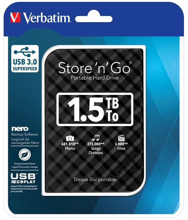 Išorinis diskas HDD Verbatim Store & Go 2.5'' GEN 2, 1,5TB USB 3.0, Juodas