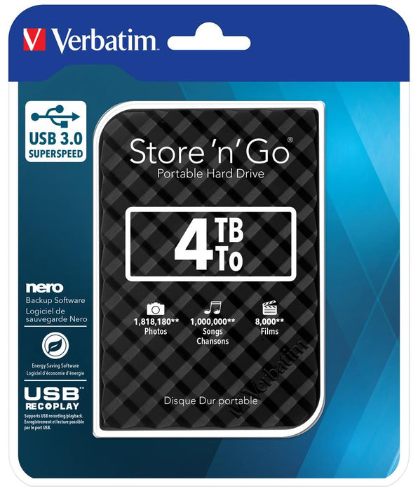 Verbatim External HDD Store 'n' Go 2.5' (6.35mm) GEN 2 4TB USB 3.0 Black (15mm)