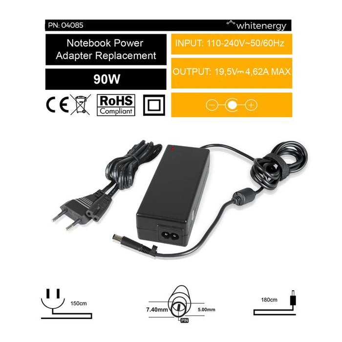 Nešiojamo kompiuterio pakrovėjas Whitenergy Dell 19.5V, 4.62A, 90W, 7.4x5.0