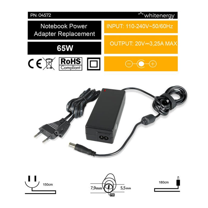 Nešiojamo kompiuterio pakrovėjas Whitenergy 20V/3.25A 65W, 7.9x5.5mm + pin IBM