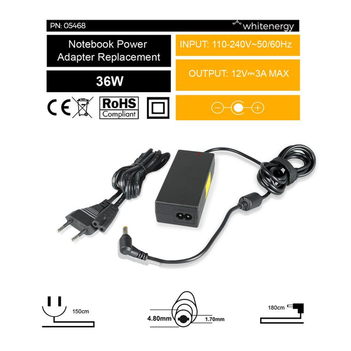 Nešiojamo kompiuterio pakrovėjas Whitenergy 12V/3A 36W, 4.8x1.7mm Asus Eee PC