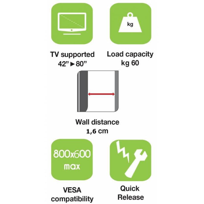 Sieninis laikiklis Techly TV LCD/LED/PDP 42-80'' 60 kg VESA Juodas