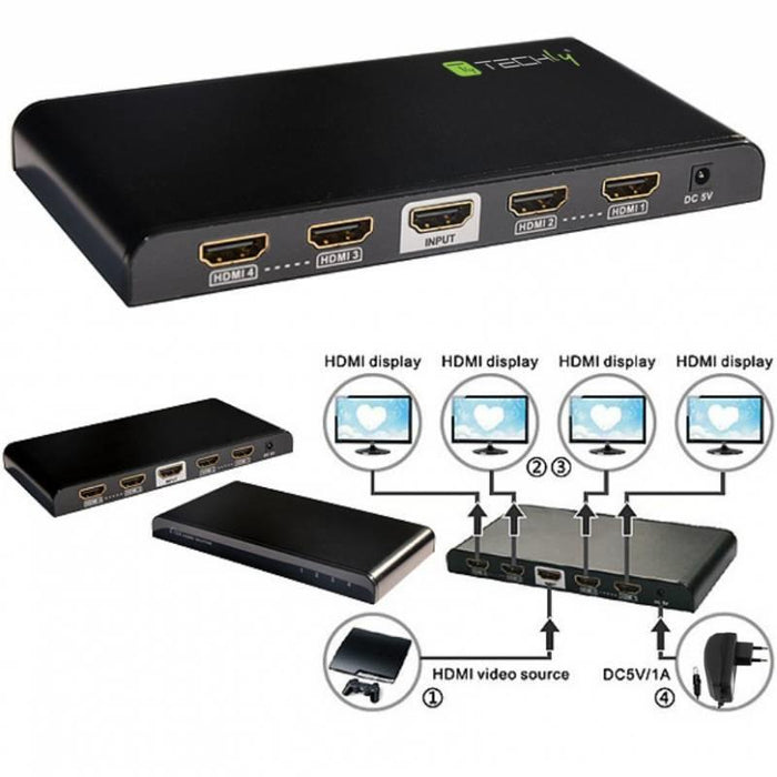 Techly Skirstytuvas AV splitter HDMI 2.0 1x4 UHD 4Kx2K 3D maitinimas AC