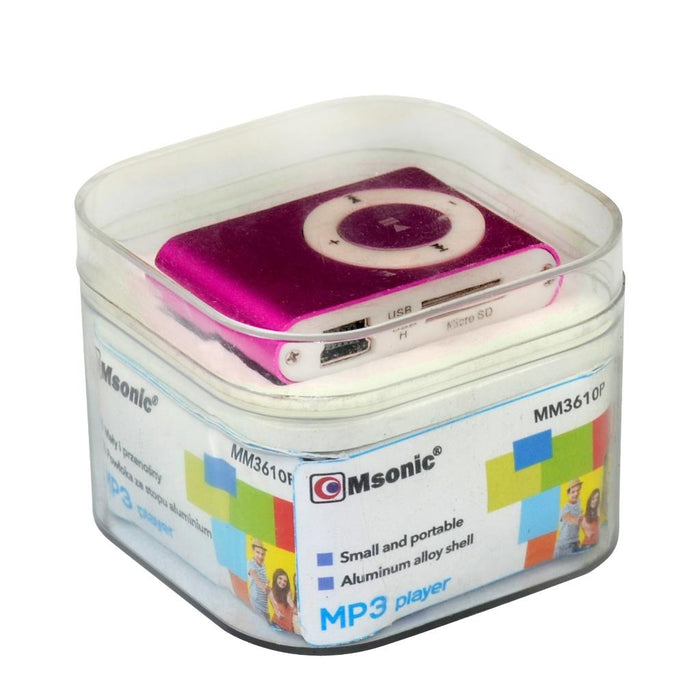 MP3 grotuvas su kortelių skaitytuvu Msonic, ausinės, miniUSB kabelis, Rožinė