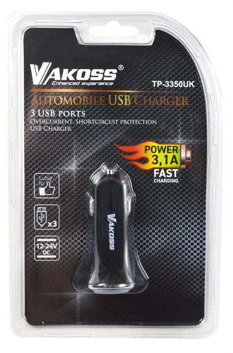 Automobilinis įkroviklis Vakoss 3xUSB, 3,1A, DC 12-24V TP-3350UK Juodas
