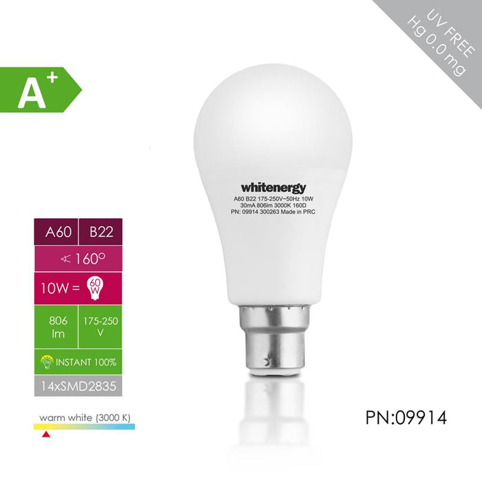 LED lemputė Whitenergy | B22 | 11 SMD2835 | 10W |175-250V šilta balta | A60