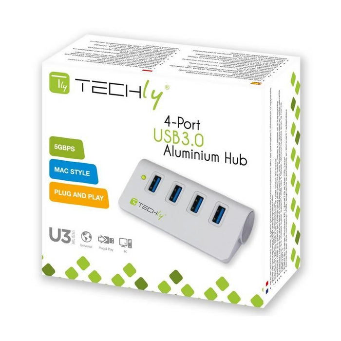 Techly Šakotuvas USB 3.0 Super-Speed, 4 prievadai, aliumininis, sidabrinis