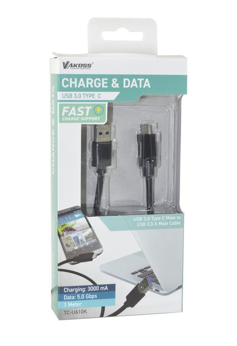 VAKOSS USB 3.0 kabelis A - USB-C M/M  1m, Duomenų perdavimo ir įkrovimo, juodas