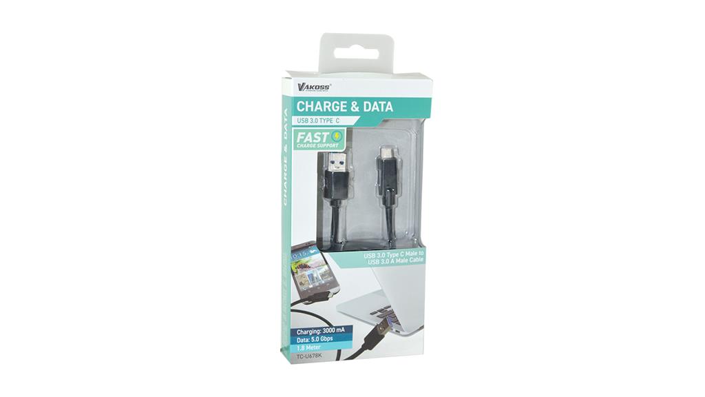 VAKOSS USB 3.0 kabelis A - USB-C M/M 1,8m, Duomenų perdavimo ir įkrovimo, BOX