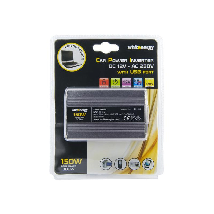 Whitenergy Inverteris AC/DC 12V (automobilis) 230V, 150W USB jugtis, mini