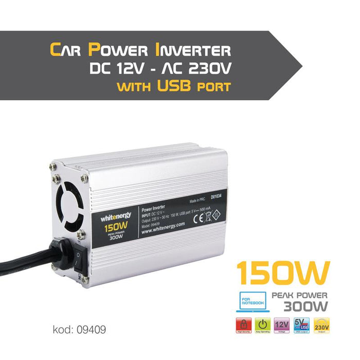 Whitenergy Inverteris AC/DC 12V (automobilis) 230V, 150W USB jugtis, mini