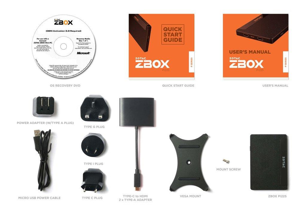 ZBOX-PI225-W3B , WINDOWS 10 PRE INSTALED ,4GB DDR3 , UK+EU+US+AUS PLUG