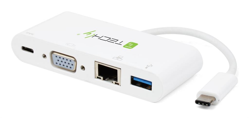 Techly USB-C 3.1 multi adapteris -> VGA / Gigabit RJ45 / USB-A / USB-C PD baltas