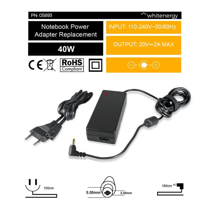 Nešiojamo kompiuterio pakrovėjas Whitenergy 20V/2.0A 40W, 5.5x2.5mm