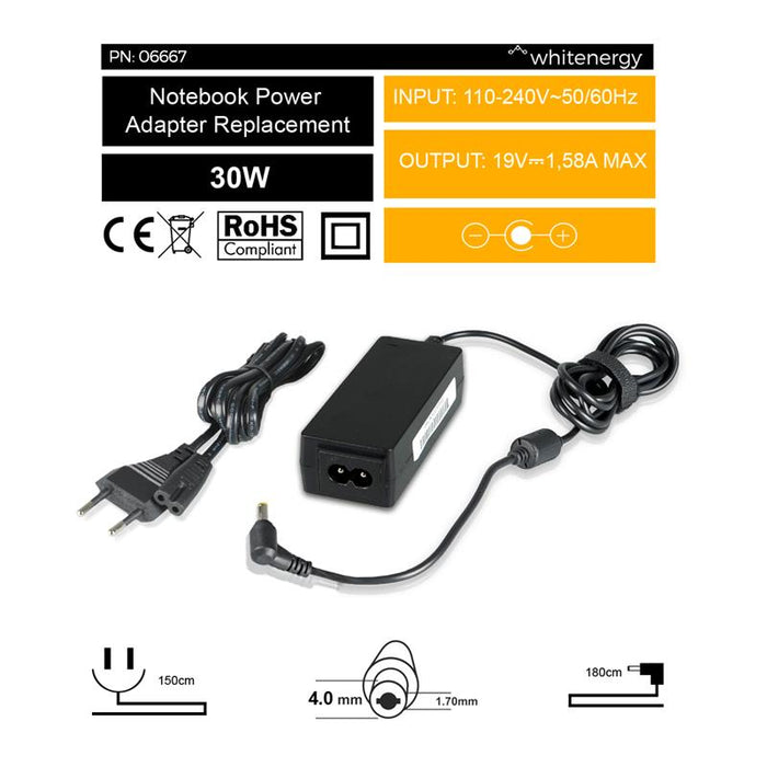 Nešiojamo kompiuterio pakrovėjas Whitenergy 19V/1.58A 30W, 4.0x1.7mm
