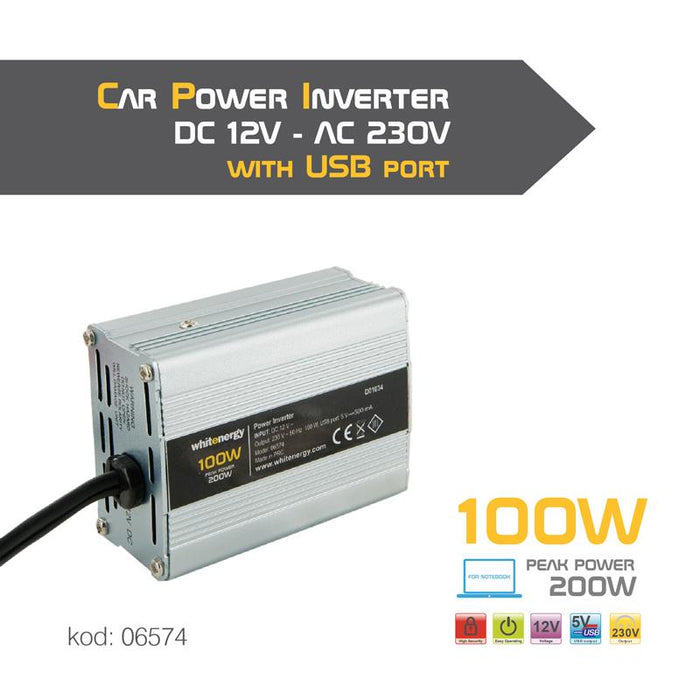 Whitenergy Inverteris AC/DC 12V (automobilis) 230V, 100W USB jungtis, mini