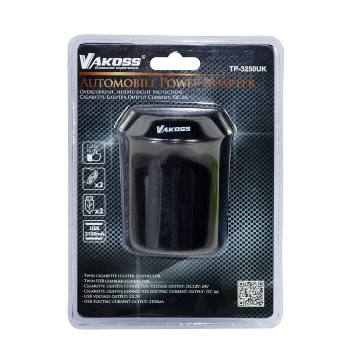 Automobilinis įkroviklis/adapteris Vakoss 2 jungtys + 2x USB, 2,1A, DC 12V~24V